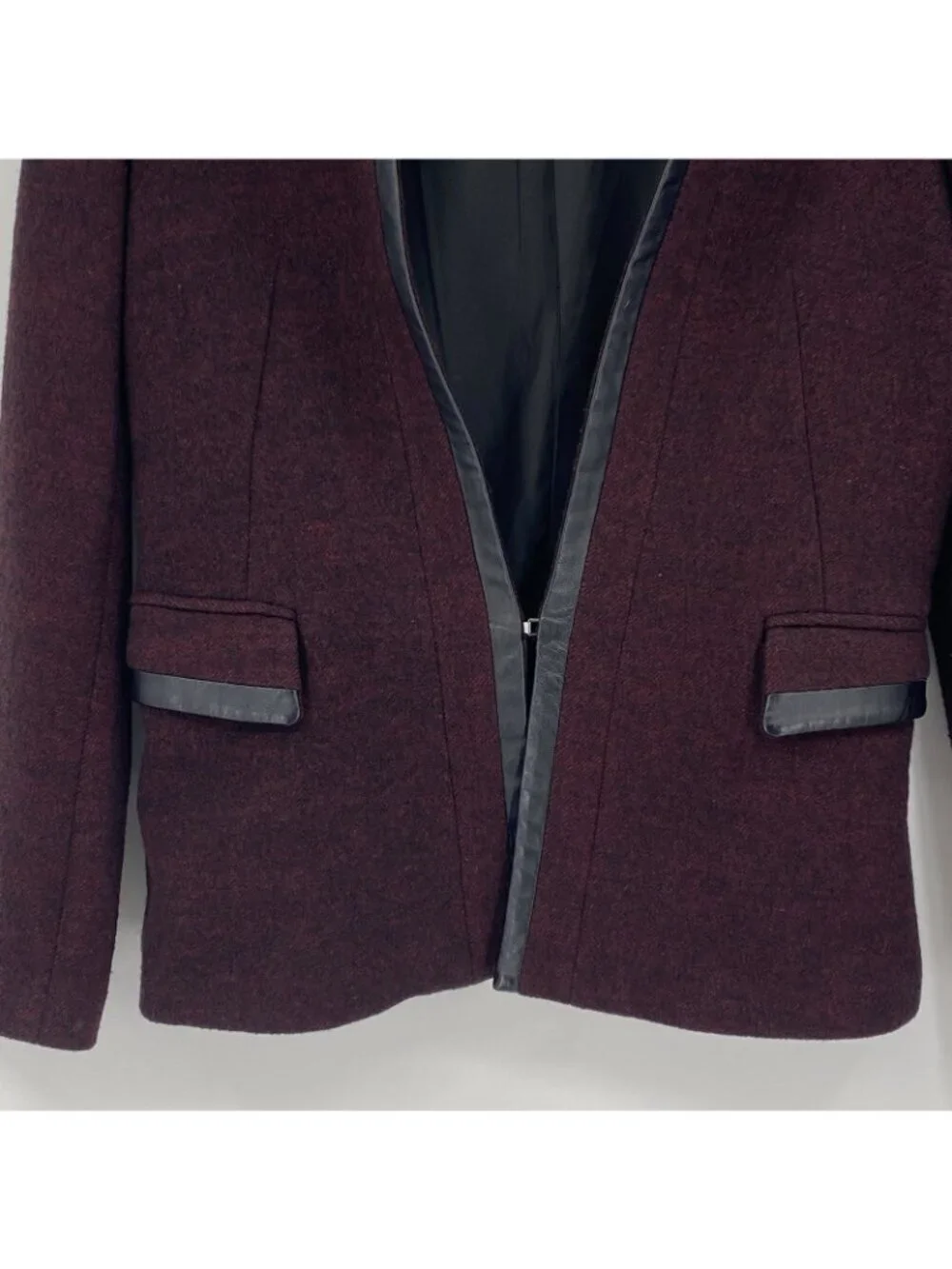Maje Size 38 Medium Burgundy Wool Blazer W/ Leather Trim Jacket Fitted